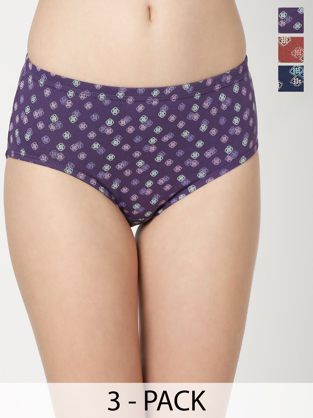 

Juliet Pack of 3 Printed Cotton Mid-Rise Hipster Briefs 6974-4XL, Purple