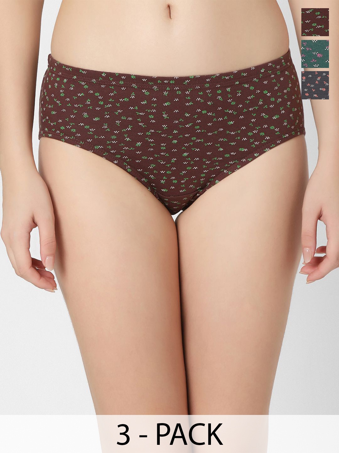 

Juliet Women Pack of 3 Assorted Cotton Printed Mid Rise Hipster Briefs, Brown