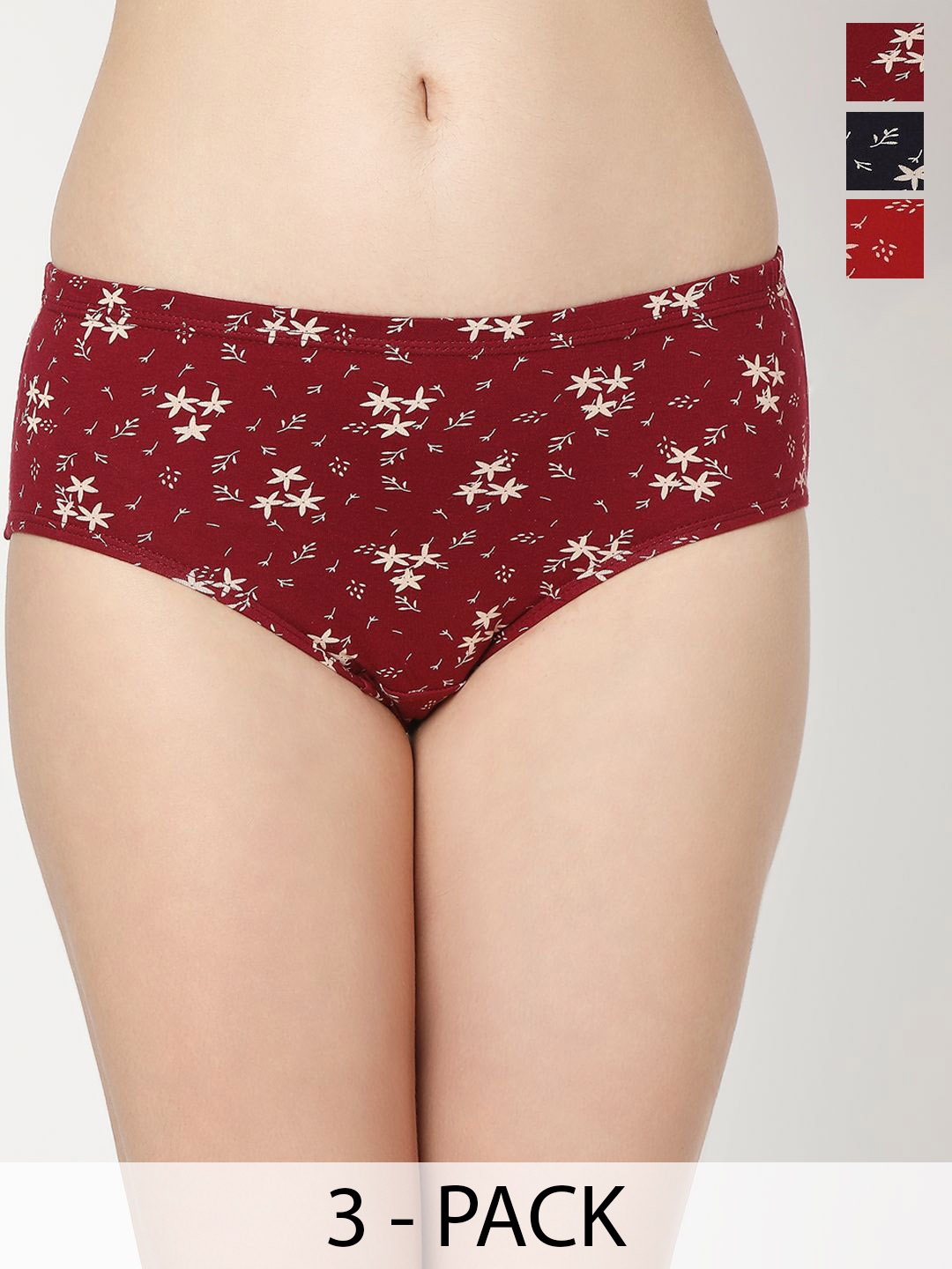 

Juliet Women Pack Of 3 Cotton Printed Assorted Hipster Briefs 6944-2XL, Maroon