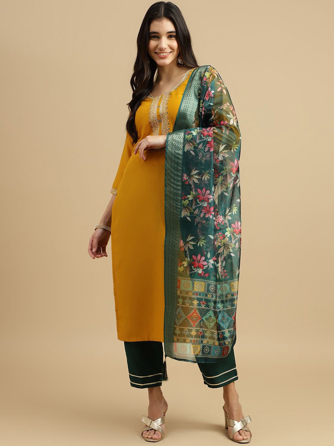 

BAESD Floral Yoke Design Regular Straight Kurta with Trousers & With Dupatta, Yellow