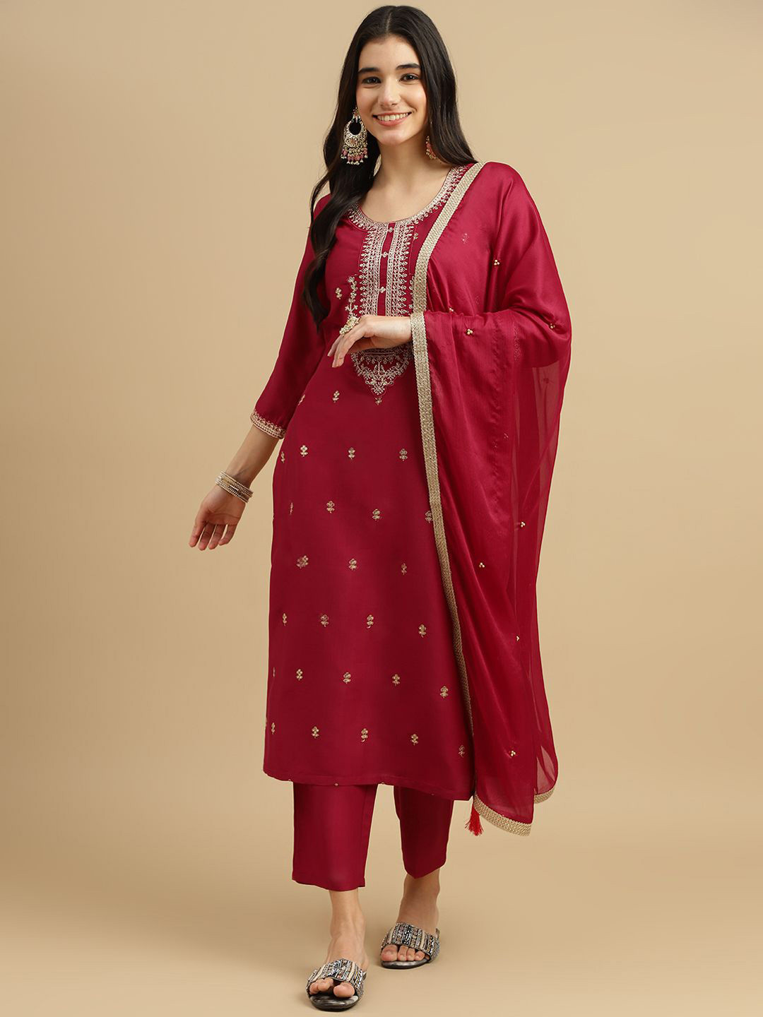 

BAESD Ethnic Motifs Embroidered Regular Thread Work Kurta with Trousers & Dupatta, Pink