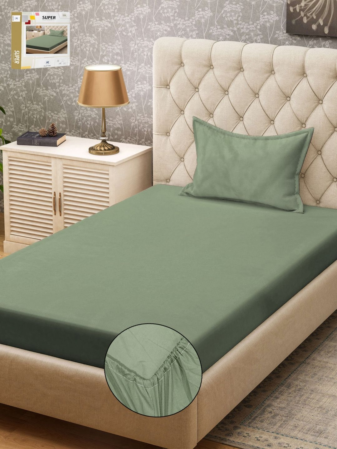 

KLOTTHE Green 300TC Fitted Single Bedsheet & 1 Pillow Covers