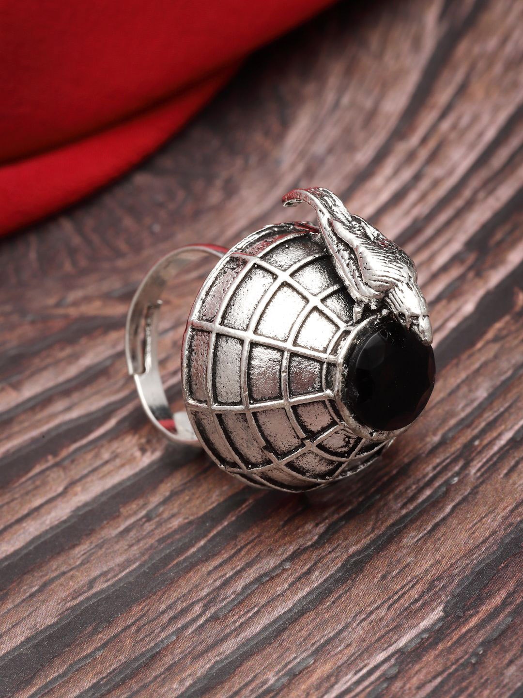 

Sanjog German Silver-Plated Stone-Studded Adjustable Antique Finger Ring