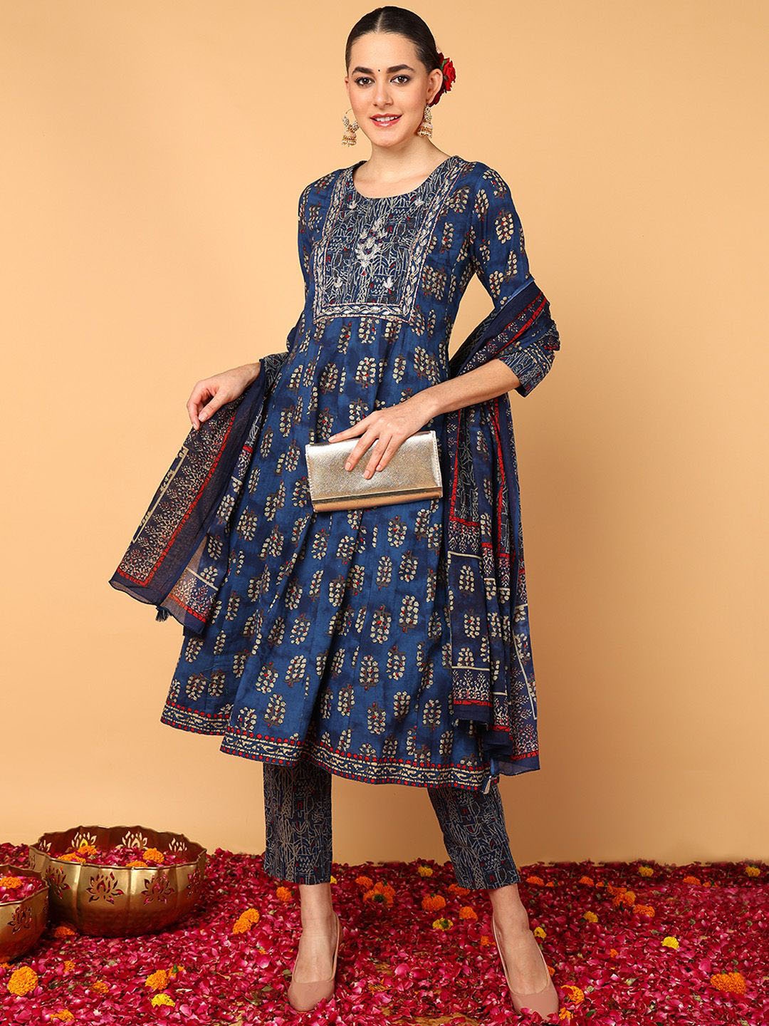 

KALINI Floral Printed Thread Work Pure Cotton Anarkali Kurta with Trousers & Dupatta, Navy blue