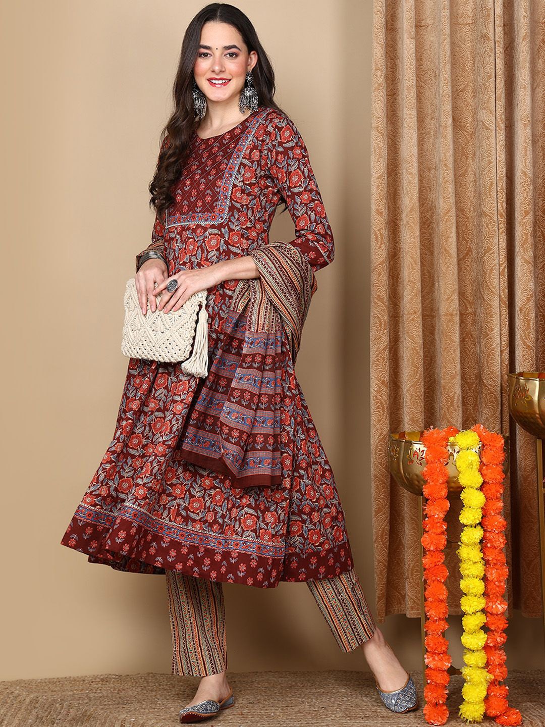 

KALINI Floral Printed Pure Cotton Kurta with Trousers & With Dupatta, Maroon