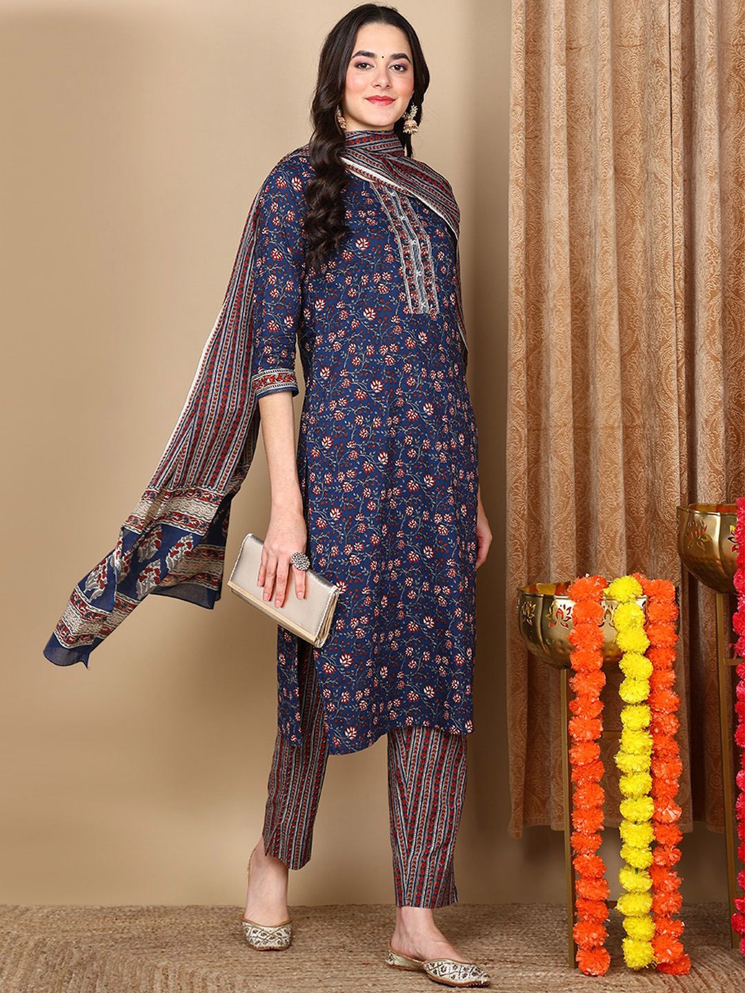 

KALINI Floral Printed Round Neck Pure Cotton Straight Kurta With Trousers & Dupatta, Navy blue