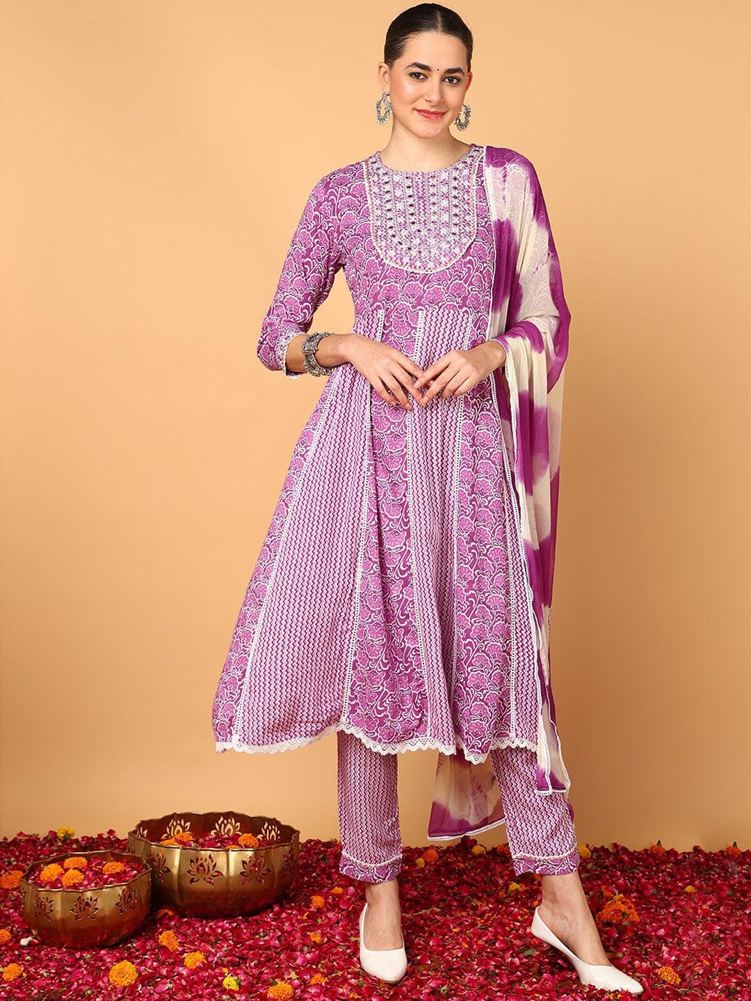 

KALINI Ethnic Motifs Yoke Design Empire Thread Work Kurta with Trousers & Dupatta, Purple