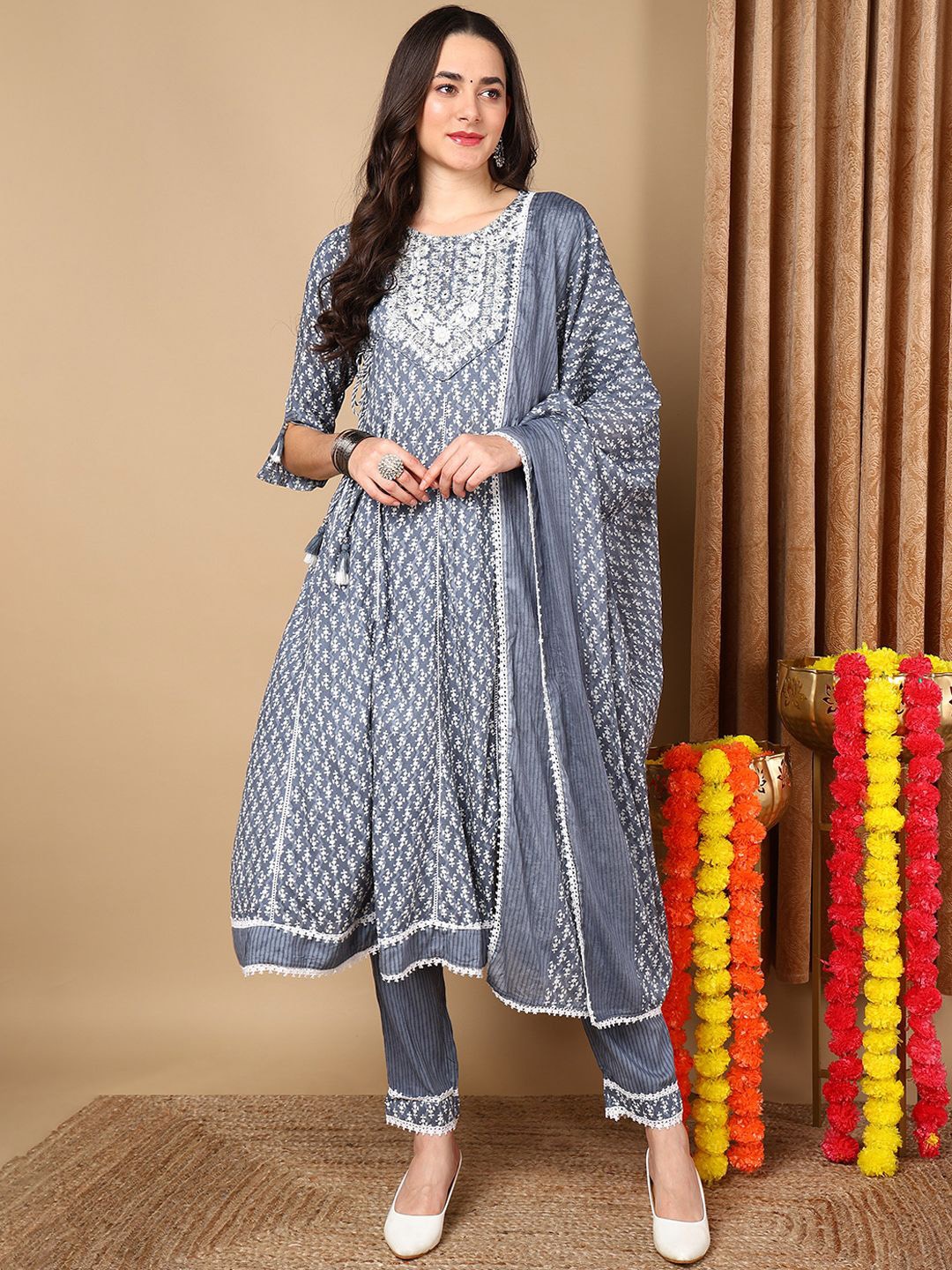 KALINI Floral Printed Round Neck Mirror Work Anarkali Kurta With Trousers & Dupatta, Blue