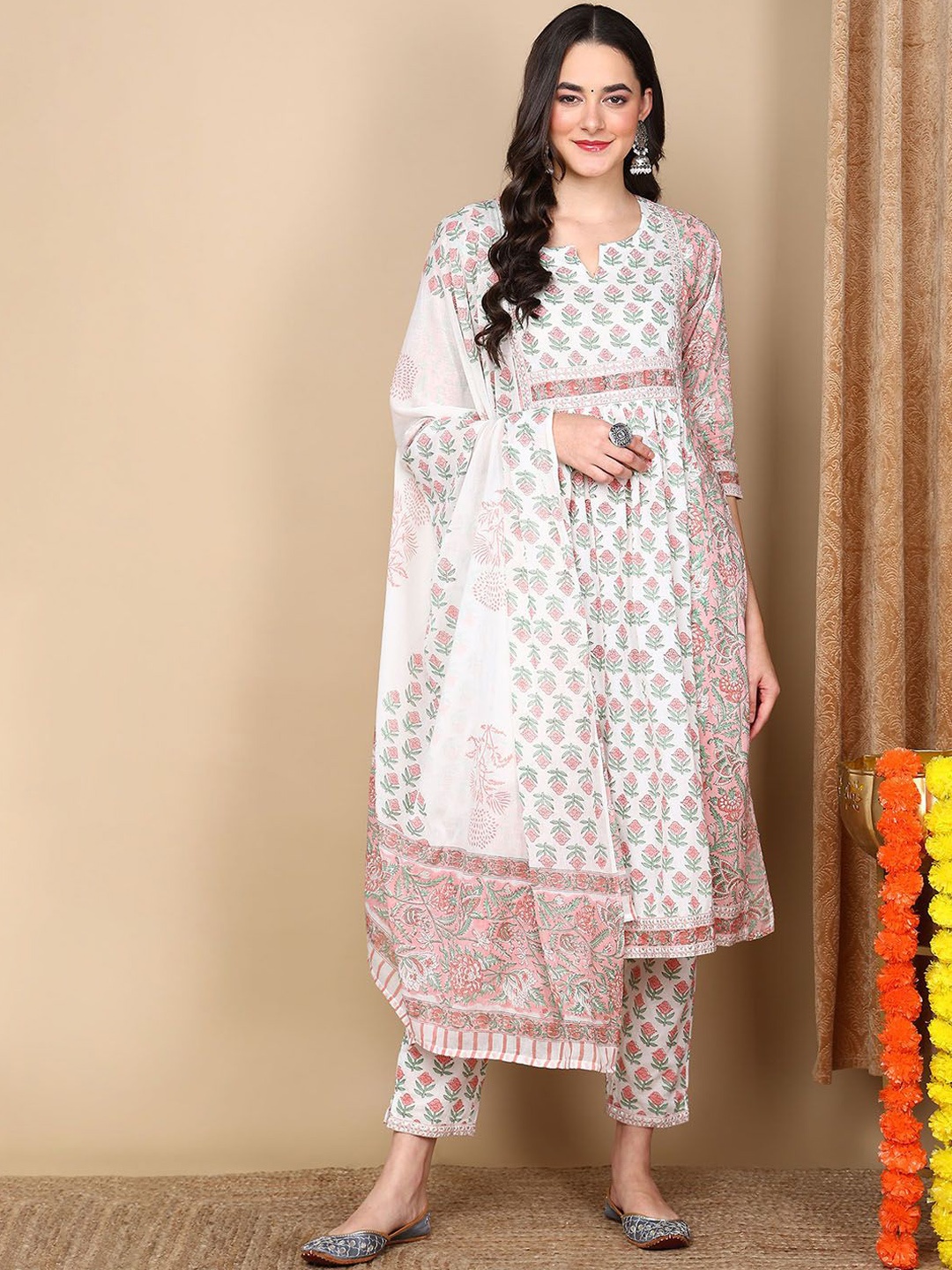 

KALINI Floral Printed Notch Neck Pure Cotton A-Line Kurta With Trousers & Dupatta, White