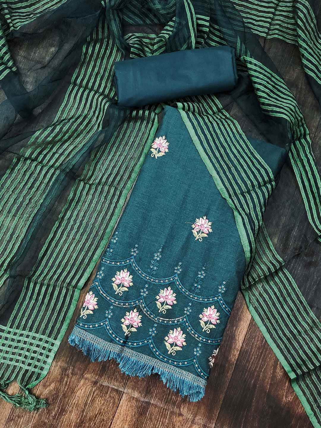 

KIMISHA Floral Embroidered Sequinned Unstitched Dress Material, Teal