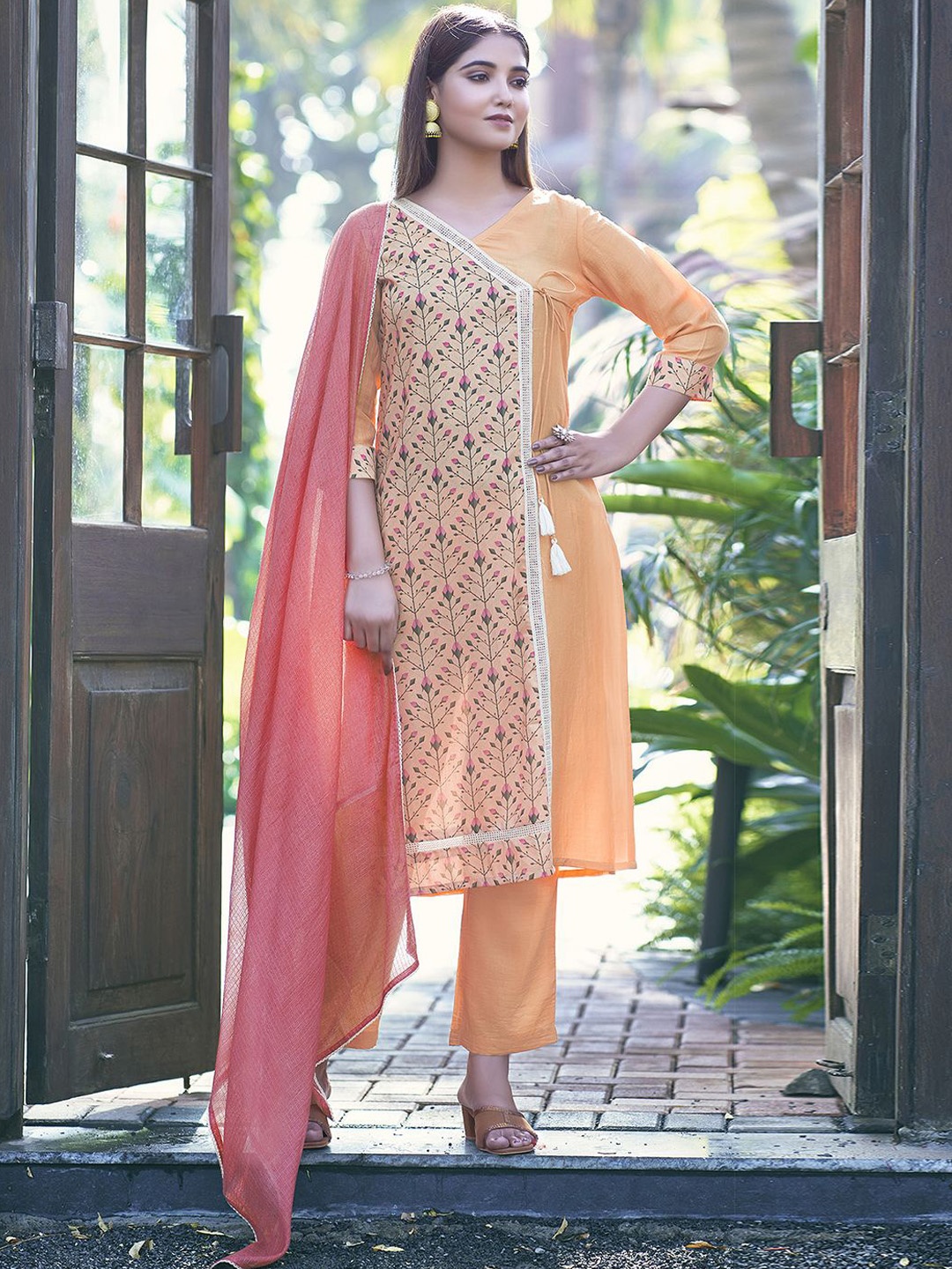 

KALINI Ethnic Motifs Printed V-Neck Straight Kurta With Trousers & Dupatta, Orange