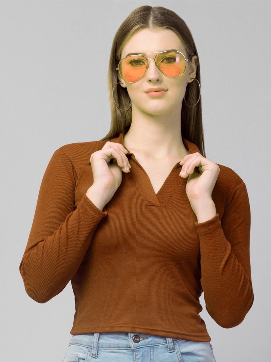 

Dream Beauty Fashion Women Solid V-Neck Polyester Top, Coffee brown