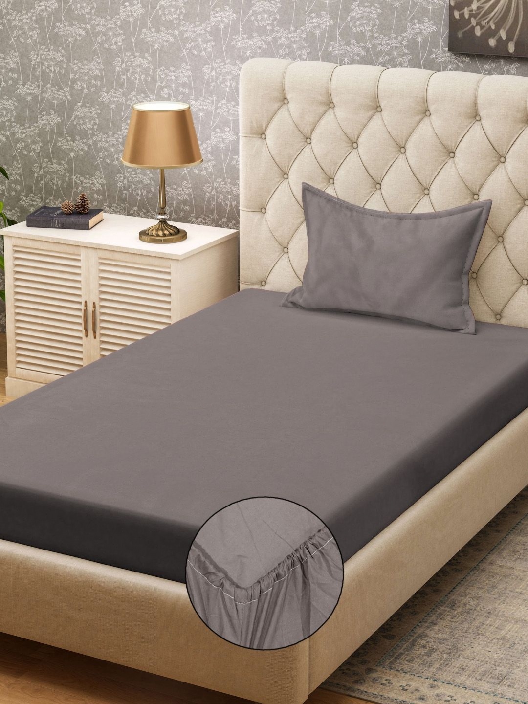 

KLOTTHE Grey Fitted 300 TC Single Bedsheet & Pillow Covers
