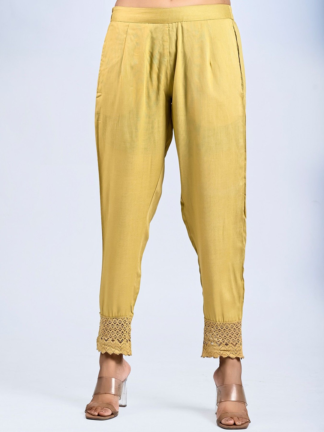 

MIRAYYA Women Embroidered Tailored Tapered Fit Pleated Trousers, Beige