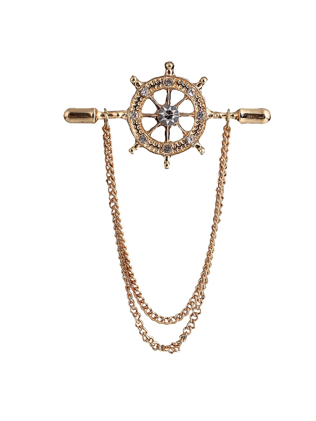 

SYGA Men Stones Studded Rudder Brooch With Chain, Gold