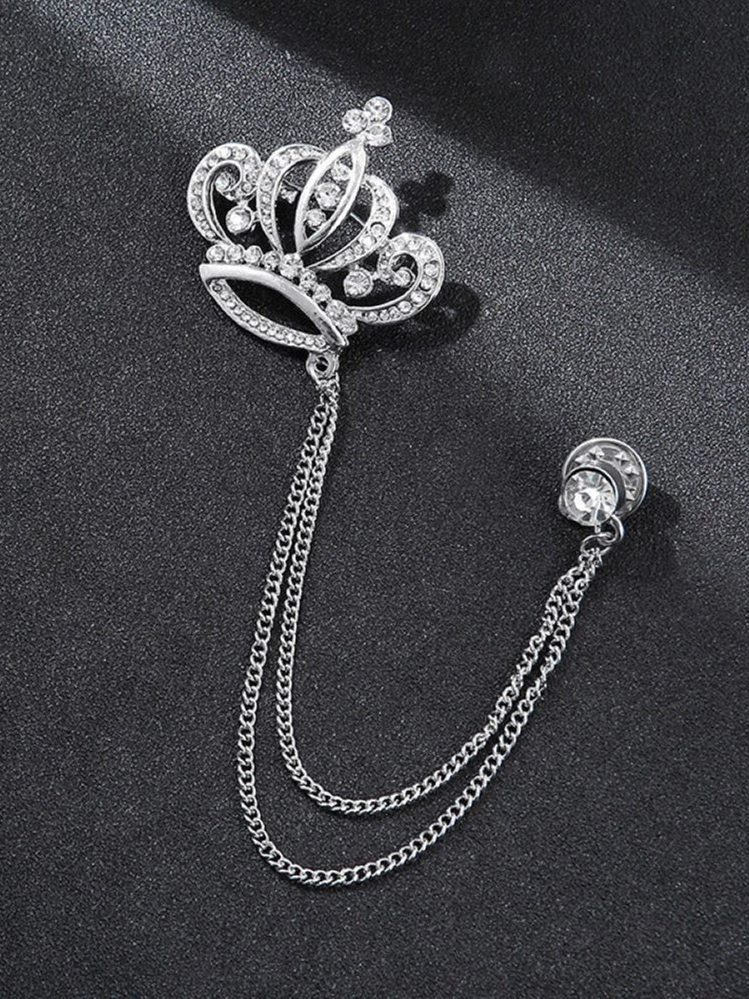 

SYGA Men Luxury Crown Style Stone-Studded Brooch, Silver