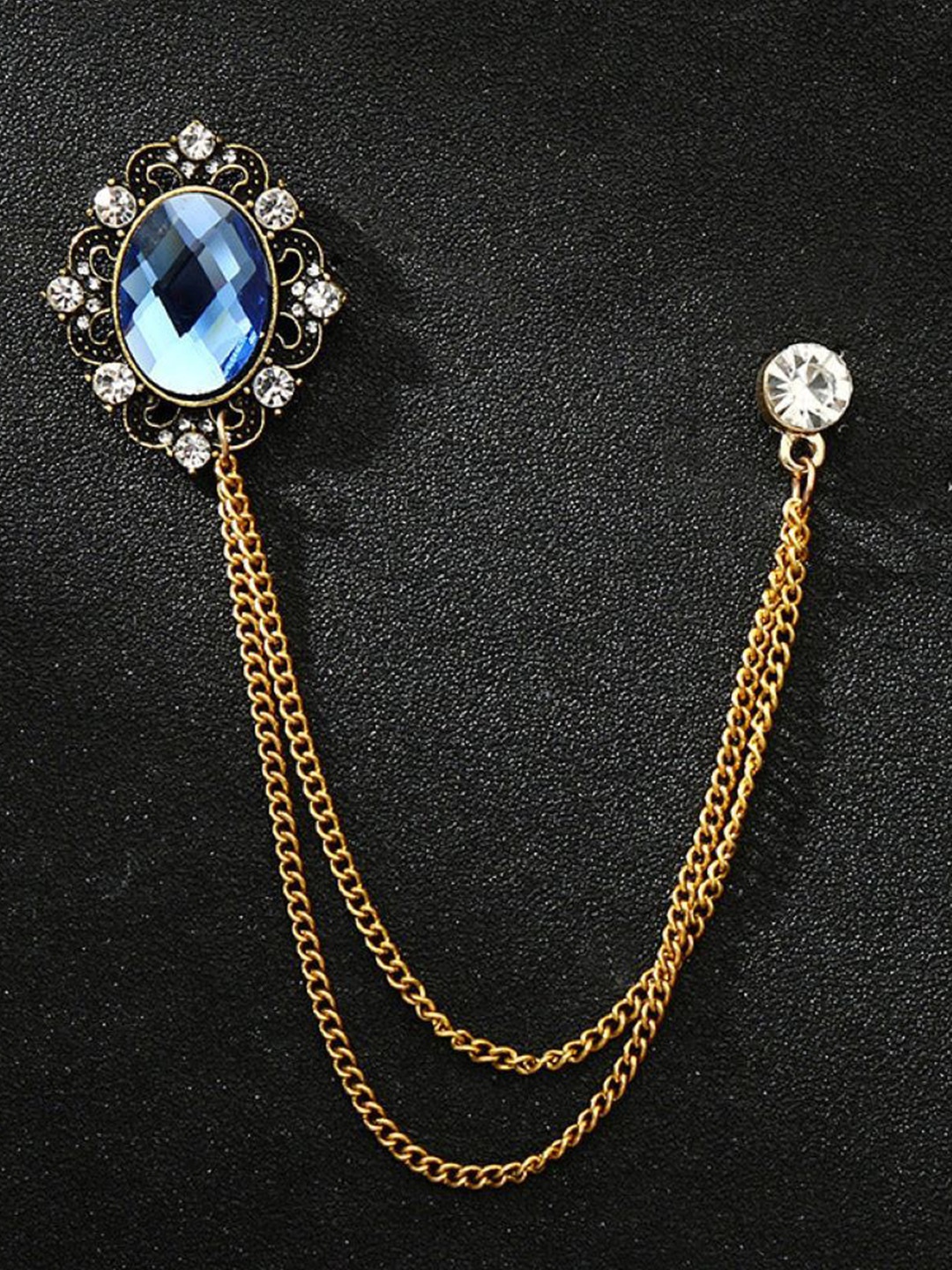 

SYGA Men Stones Studded Mirror Tassel Brooch With Chain, Gold