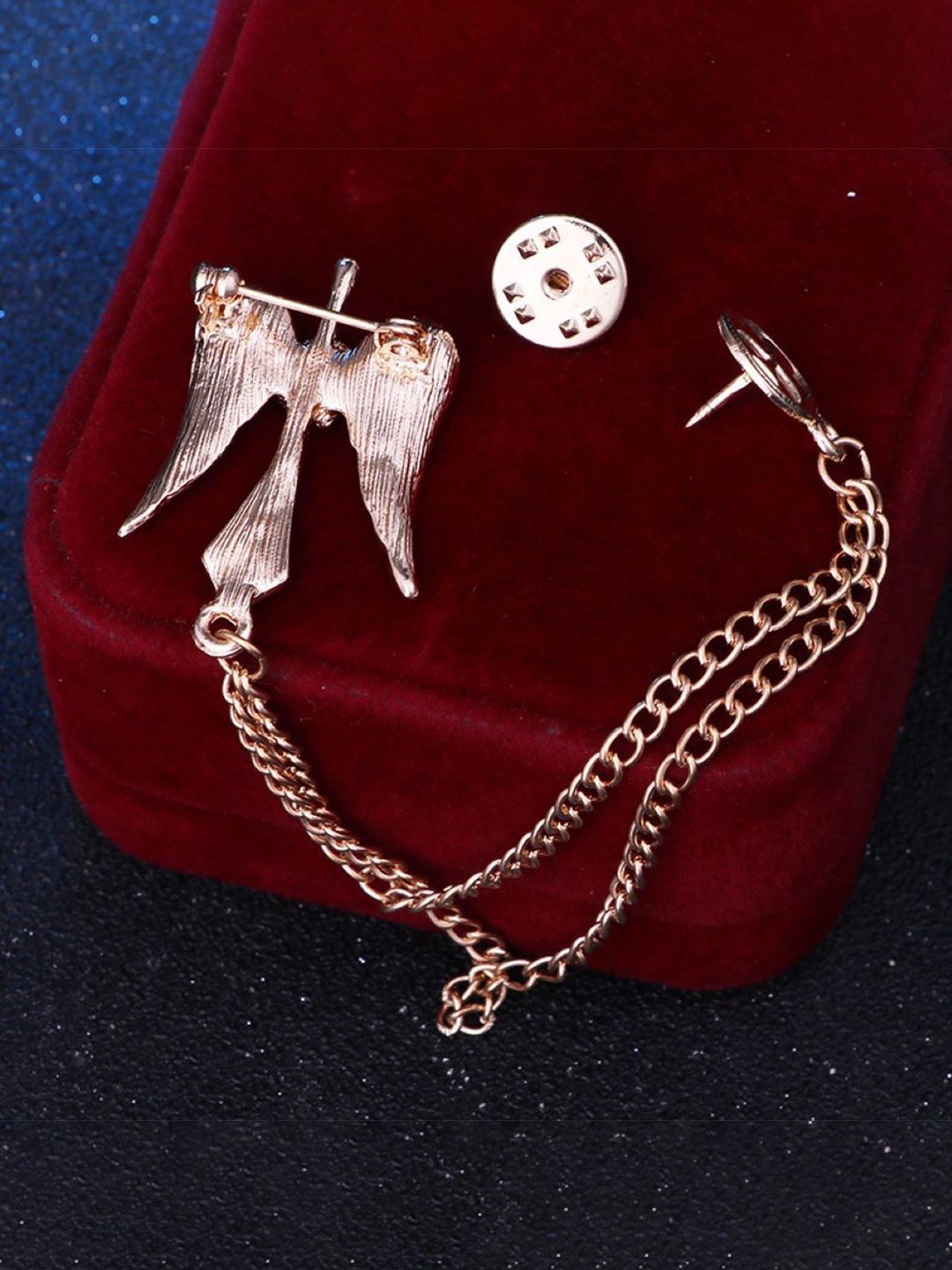 

SYGA Men Stones Studded Angel Design Tassel Brooch With Chain, Gold