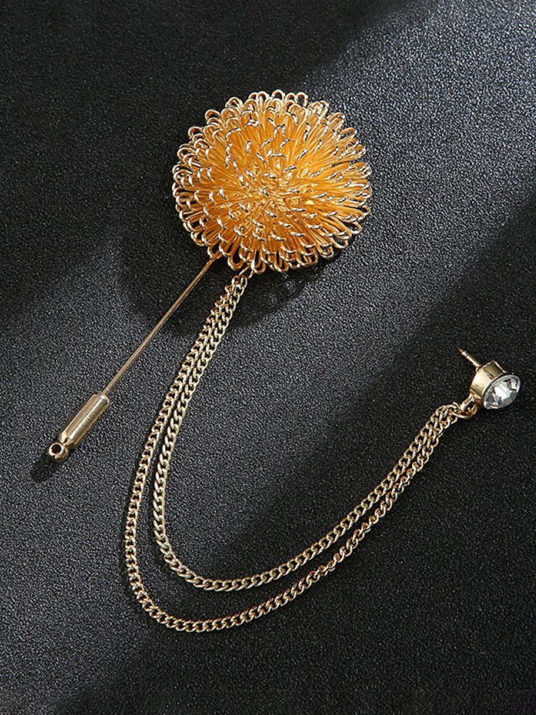 

SYGA Men Stones Studded Floral Tassel Brooch With Chain, Gold