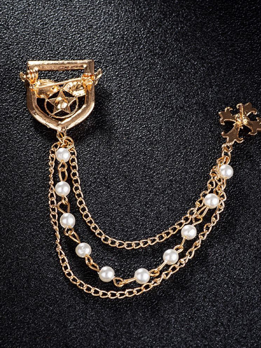 

SYGA Men Crystal Stone Studded Lapel Pin Chain Tassel Brooch, Gold