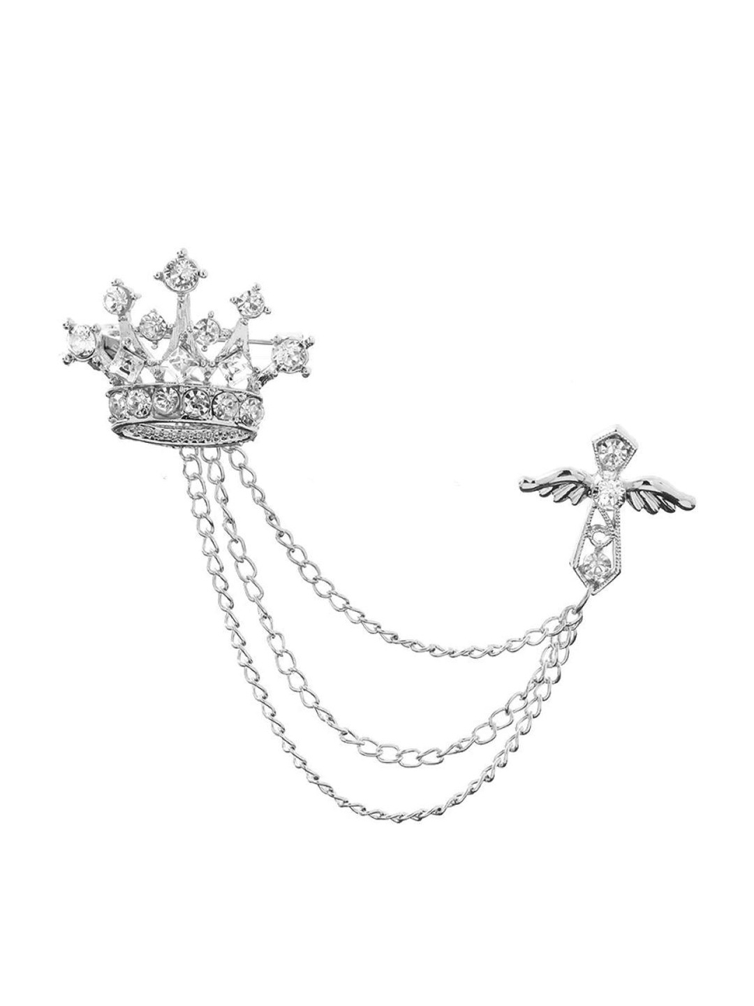 

SYGA Men Regal Crown Tassel Crystal Chain Lapel Pin Brooch, Silver