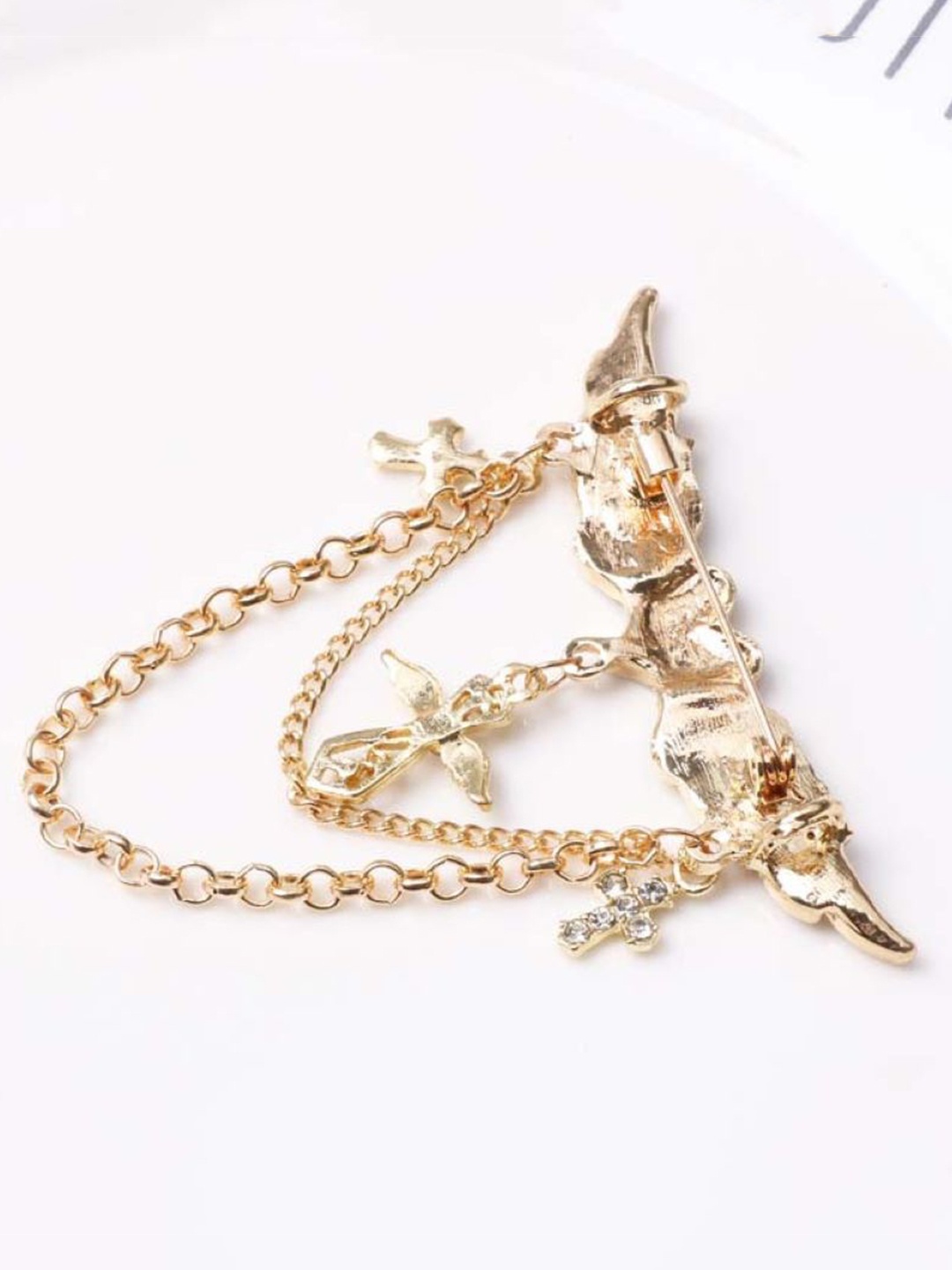 

SYGA Men Crystal Studded Chain Tassel Brooch Lapel Pin, Gold