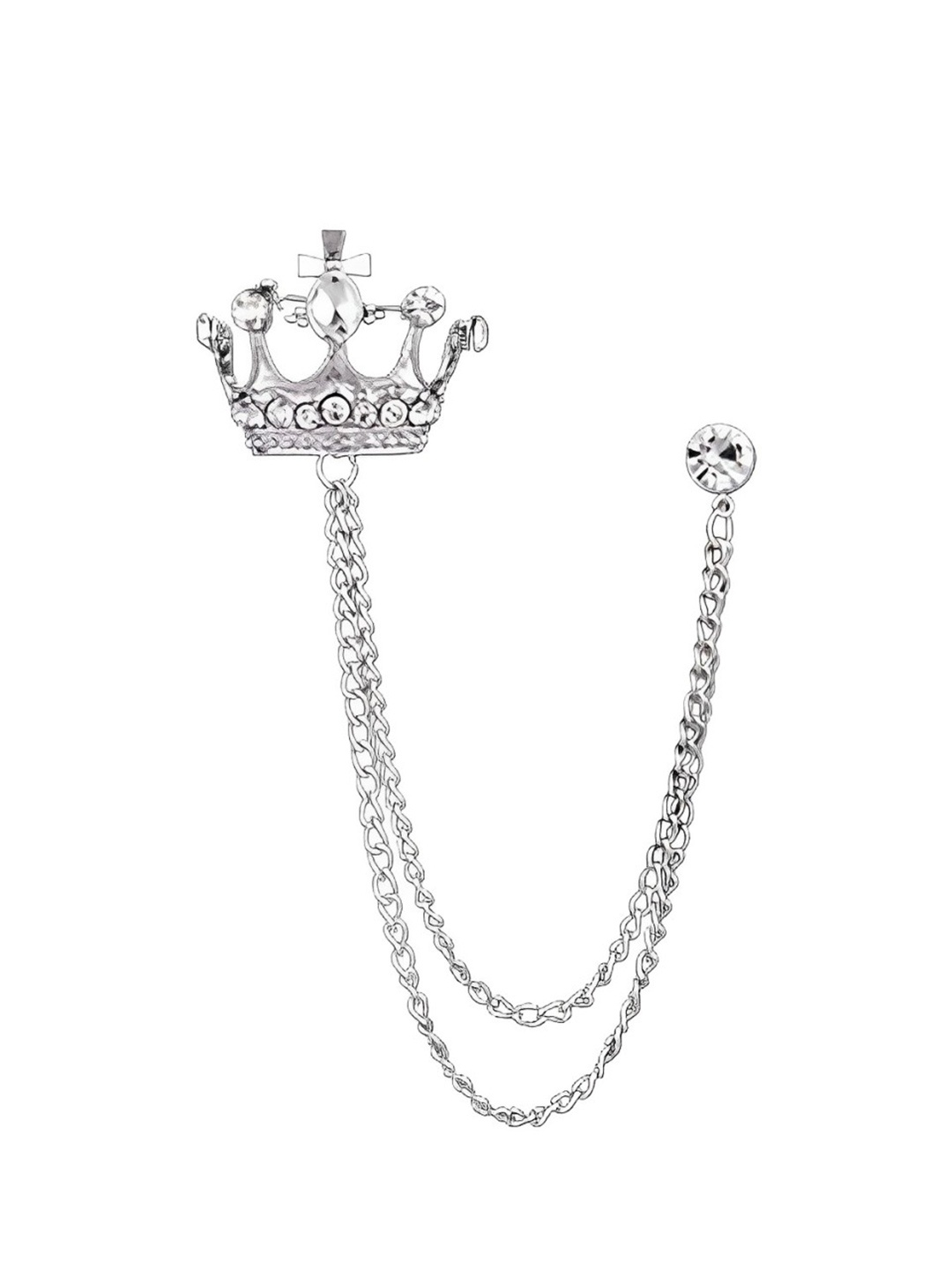 

SYGA Men Stones Studded Crown Tassel Brooch With Chain, Silver