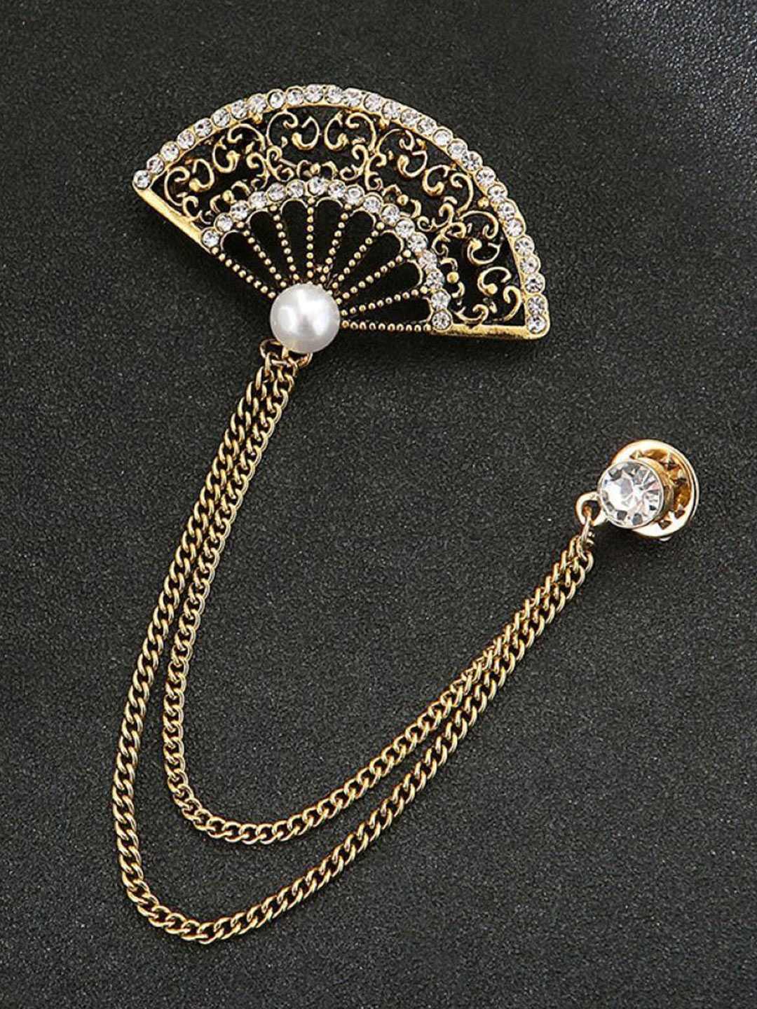 

SYGA Men Crystal Stone Studded Lapel Pin Chain Tassel Brooch, Gold