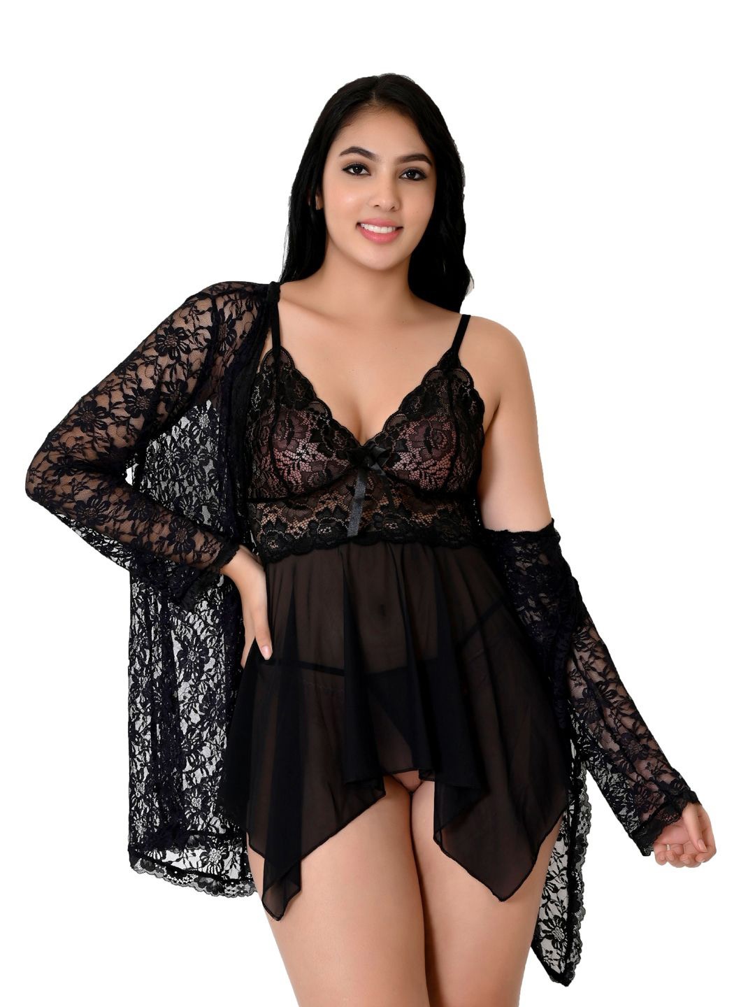 

Fihana Self Design Net Baby Doll with Asymmetric, Black