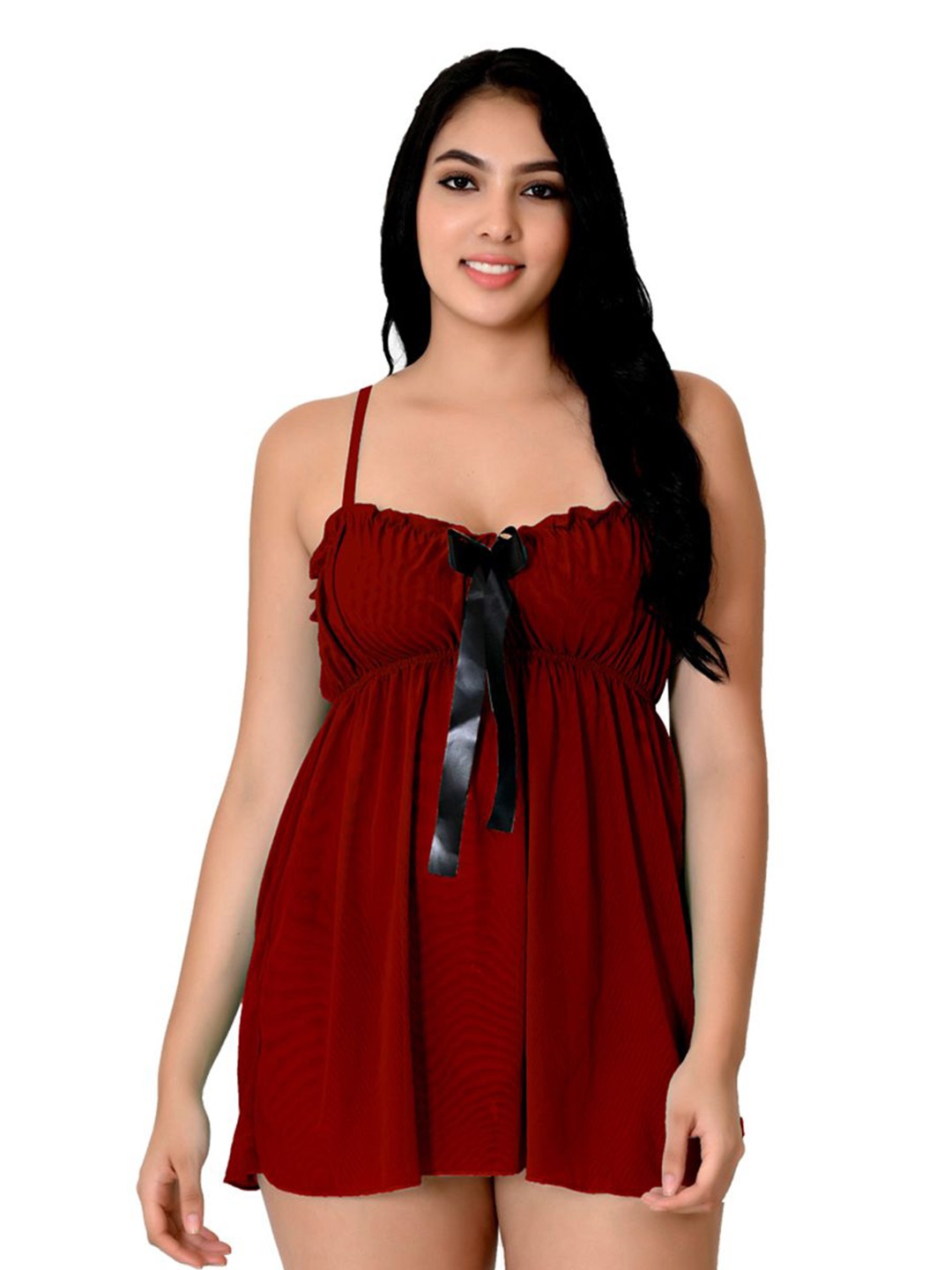 

Fihana Women Solid Satin Hook and Eye Flared Shoulder Straps Baby Doll, Maroon