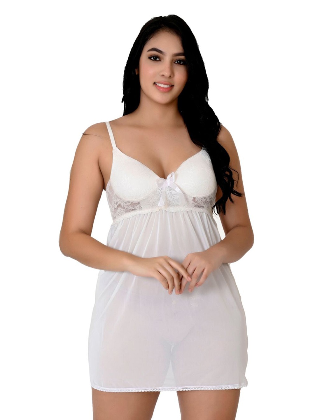 

Fihana Women Straight Shoulder Straps Net Baby Doll, White