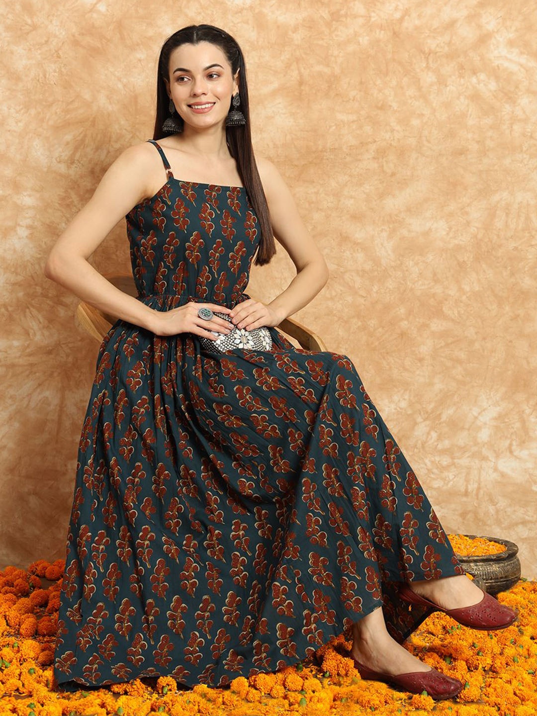 

Gujari Women Floral Print Fit & Flare Maxi Dress, Navy blue