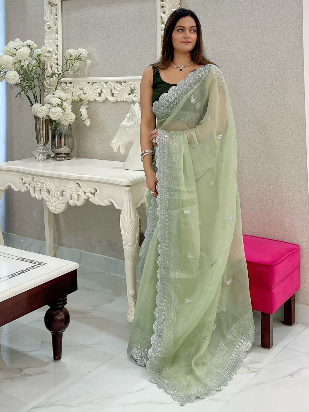 

Mitera Ethnic Motifs Embellished Embroidered Saree, Green