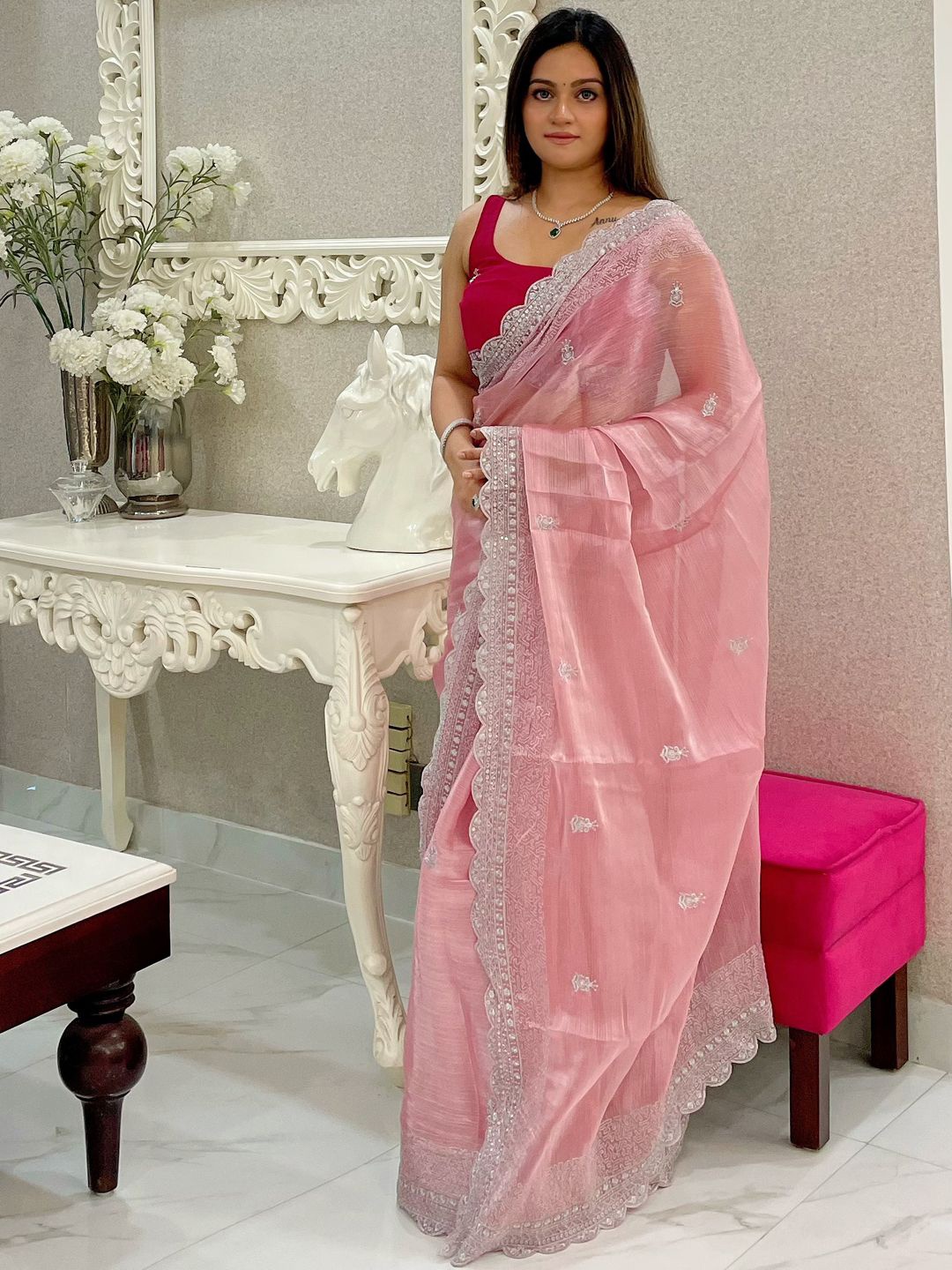 

Mitera Ethnic Motifs Sequinned Saree, Pink