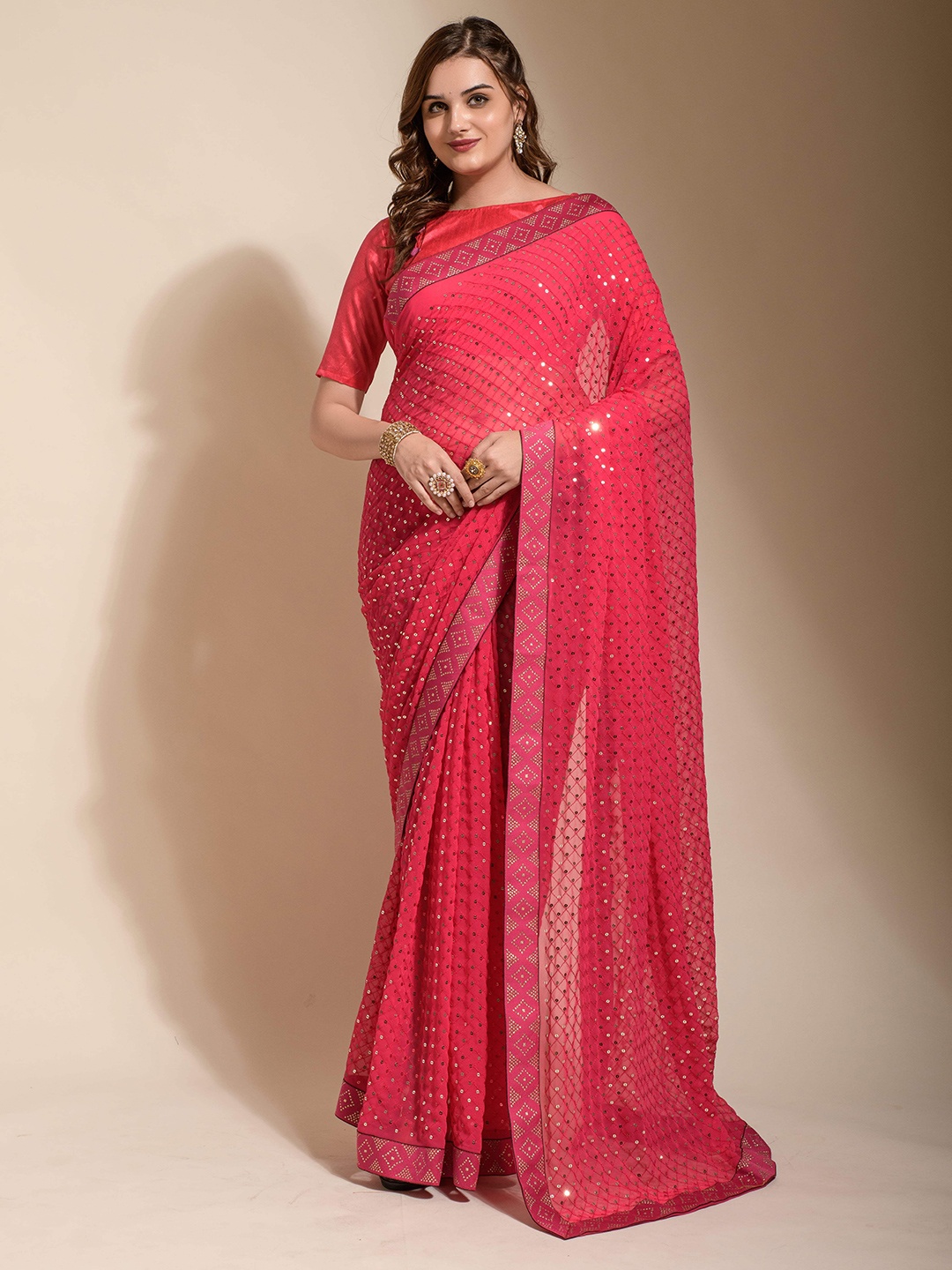 

Manu Designer Embellished Sequinned Pure Georgette Saree, Pink