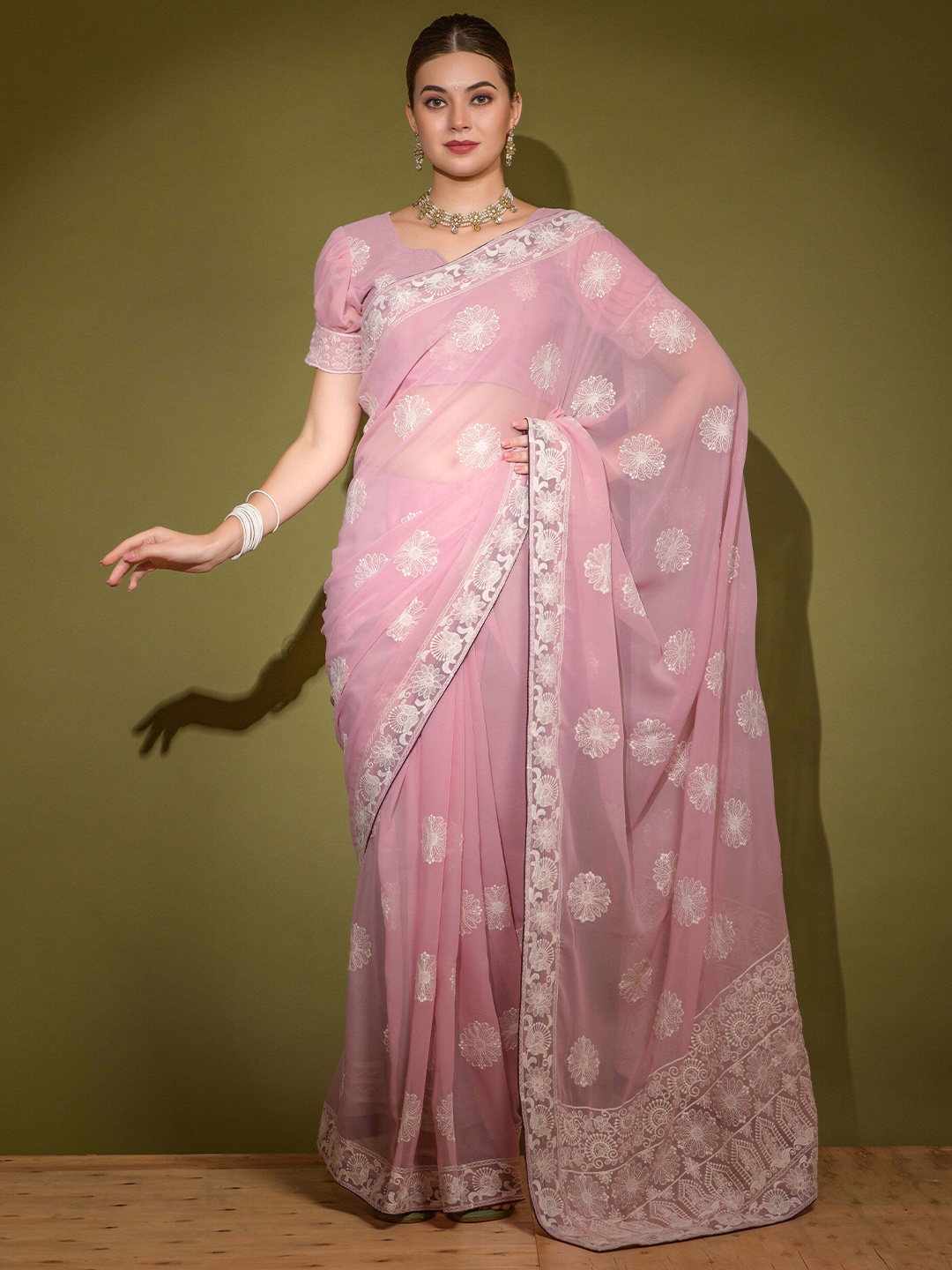 

Manu Designer Ethnic Motifs Embroidered Pure Georgette Saree, Pink