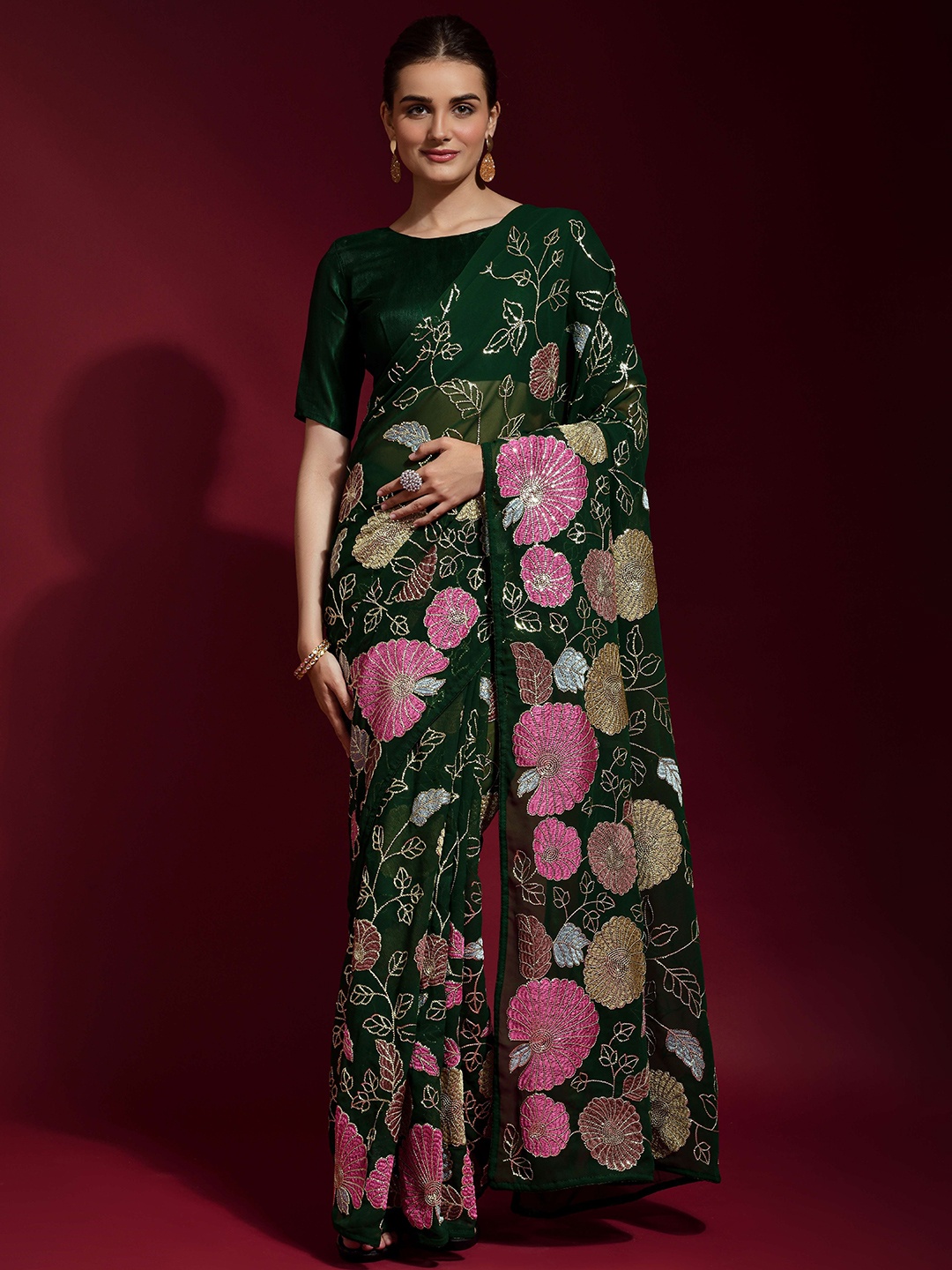 

Manu Designer Floral Sequinned Pure Georgette Saree, Green
