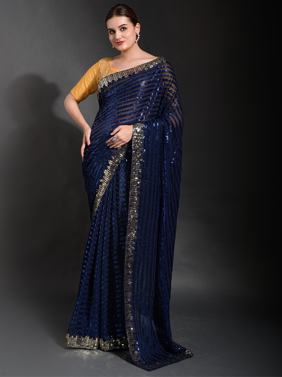 

Manu Designer Embellished Sequinned Pure Georgette Saree, Blue