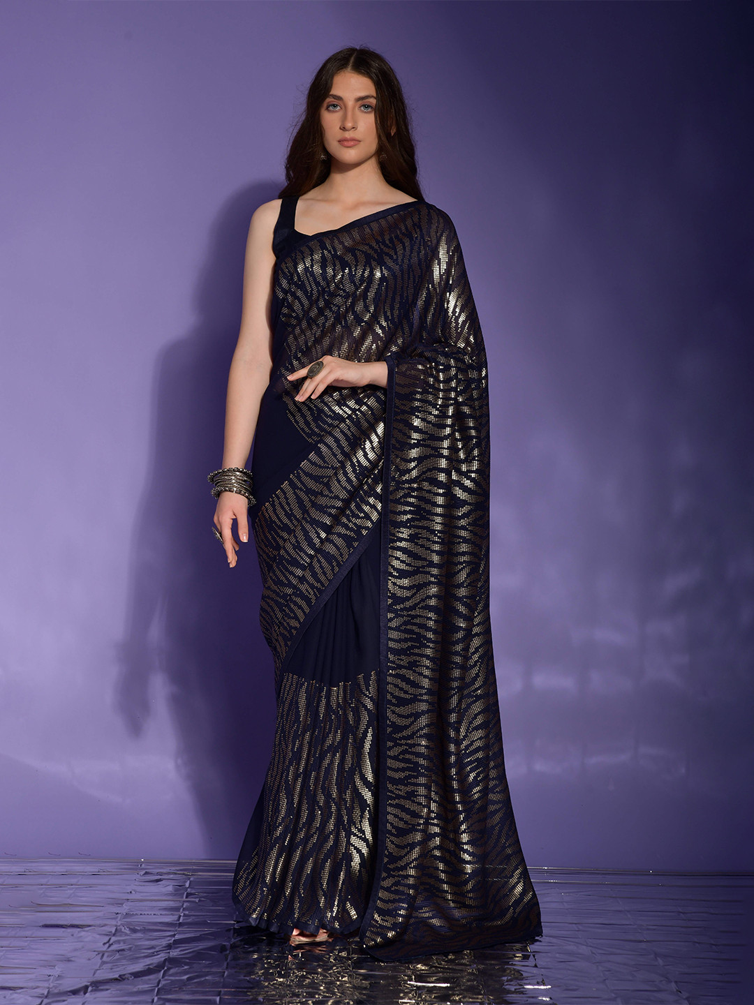 

Manu Designer Embellished Sequinned Pure Georgette Saree, Blue