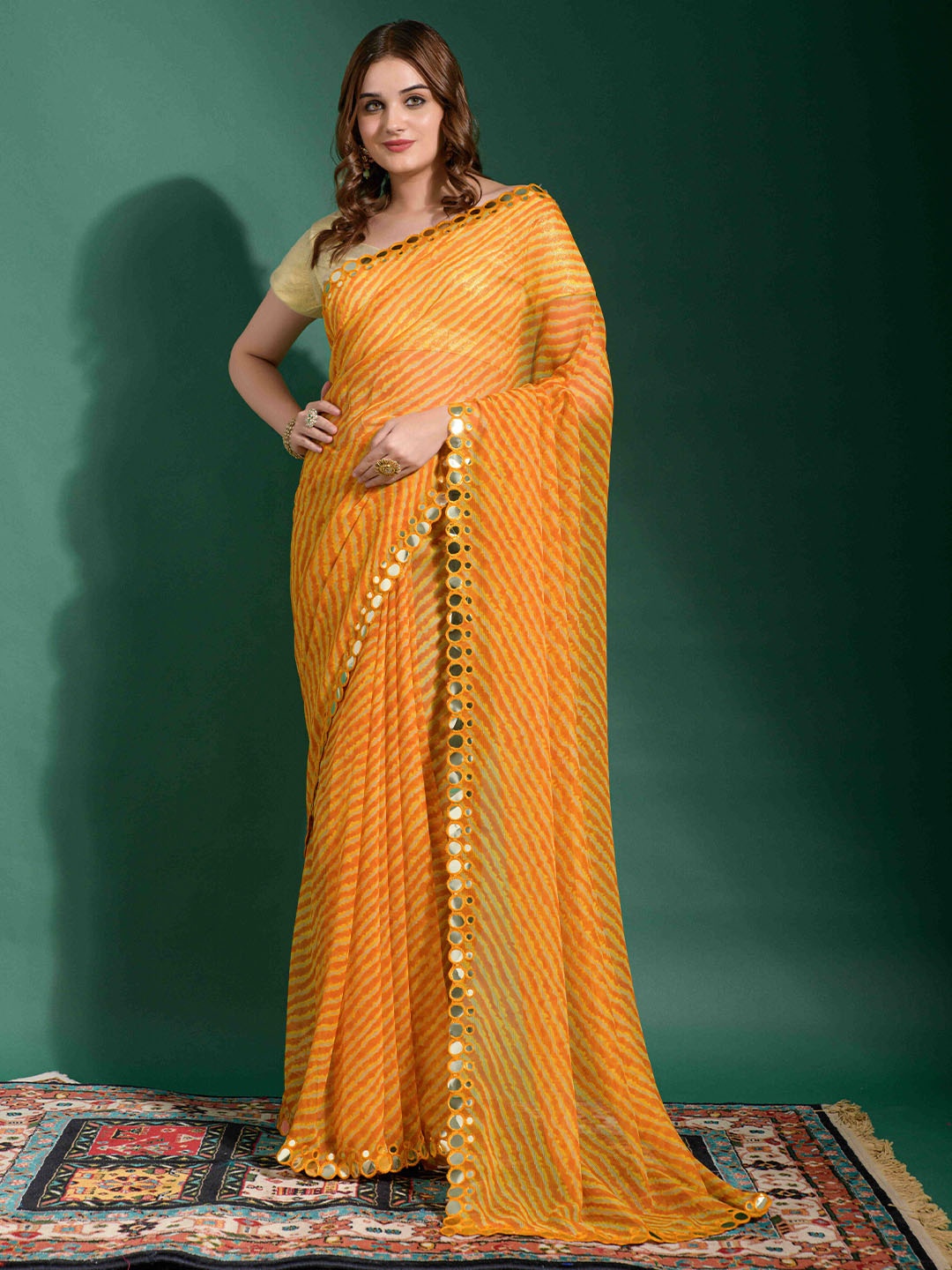Manu Designer Leheriya Mirror Work Pure Chiffon Saree, Yellow