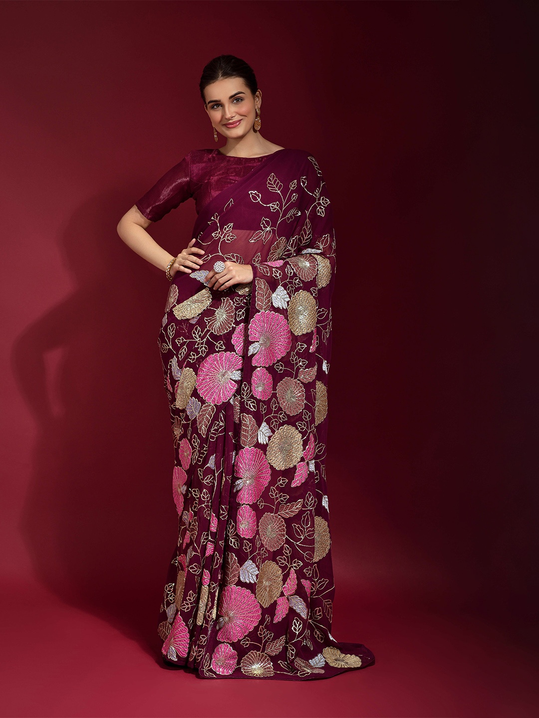 

Manu Designer Floral Pure Georgette Saree, Purple