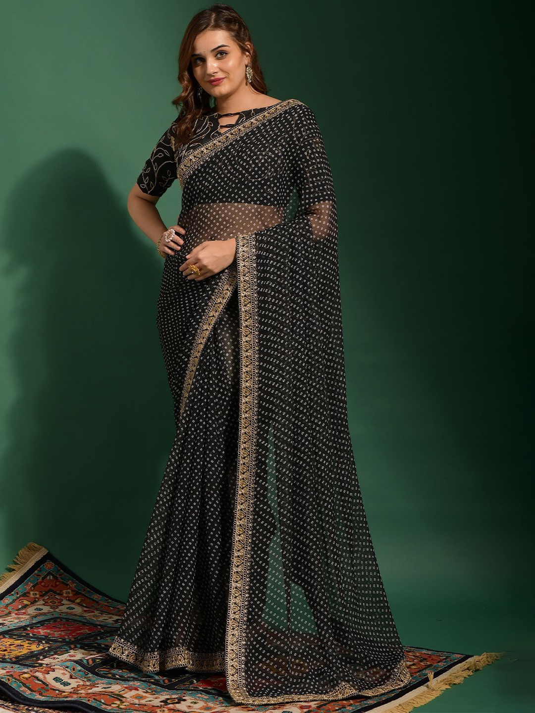 

Manu Designer Bandhani Printed Embroidered Saree, Black