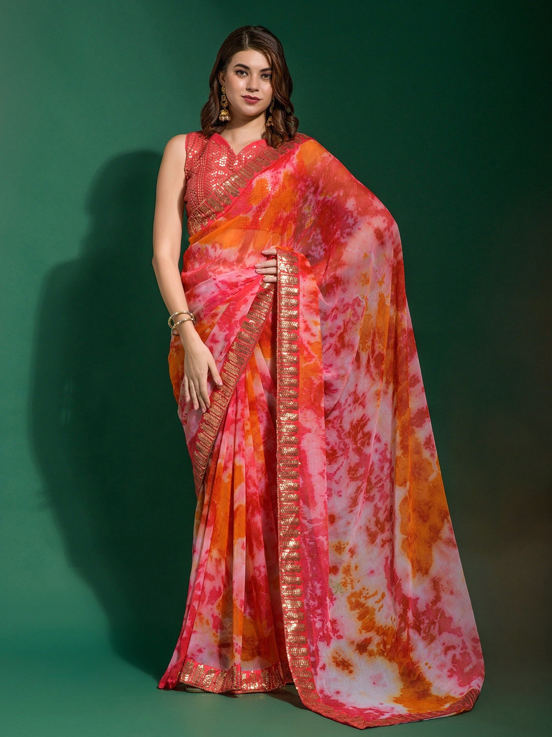 

Manu Designer Tie and Dye Embroidered Pure Chiffon Saree, Pink