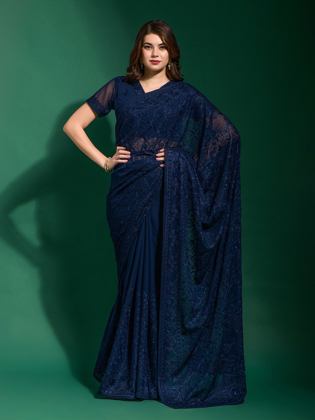 

Manu Designer Ethnic Motifs Embroidered Sequinned Pure Georgette Saree, Navy blue