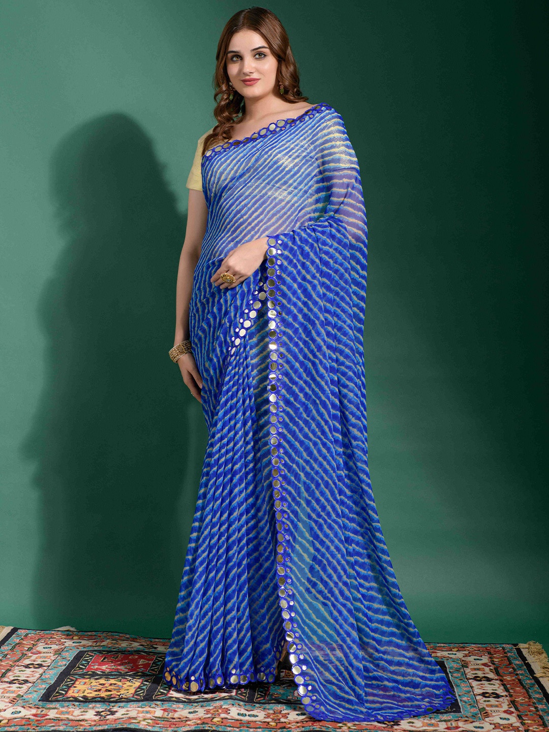 

Manu Designer Leheriya Mirror Work Pure Chiffon Saree, Blue