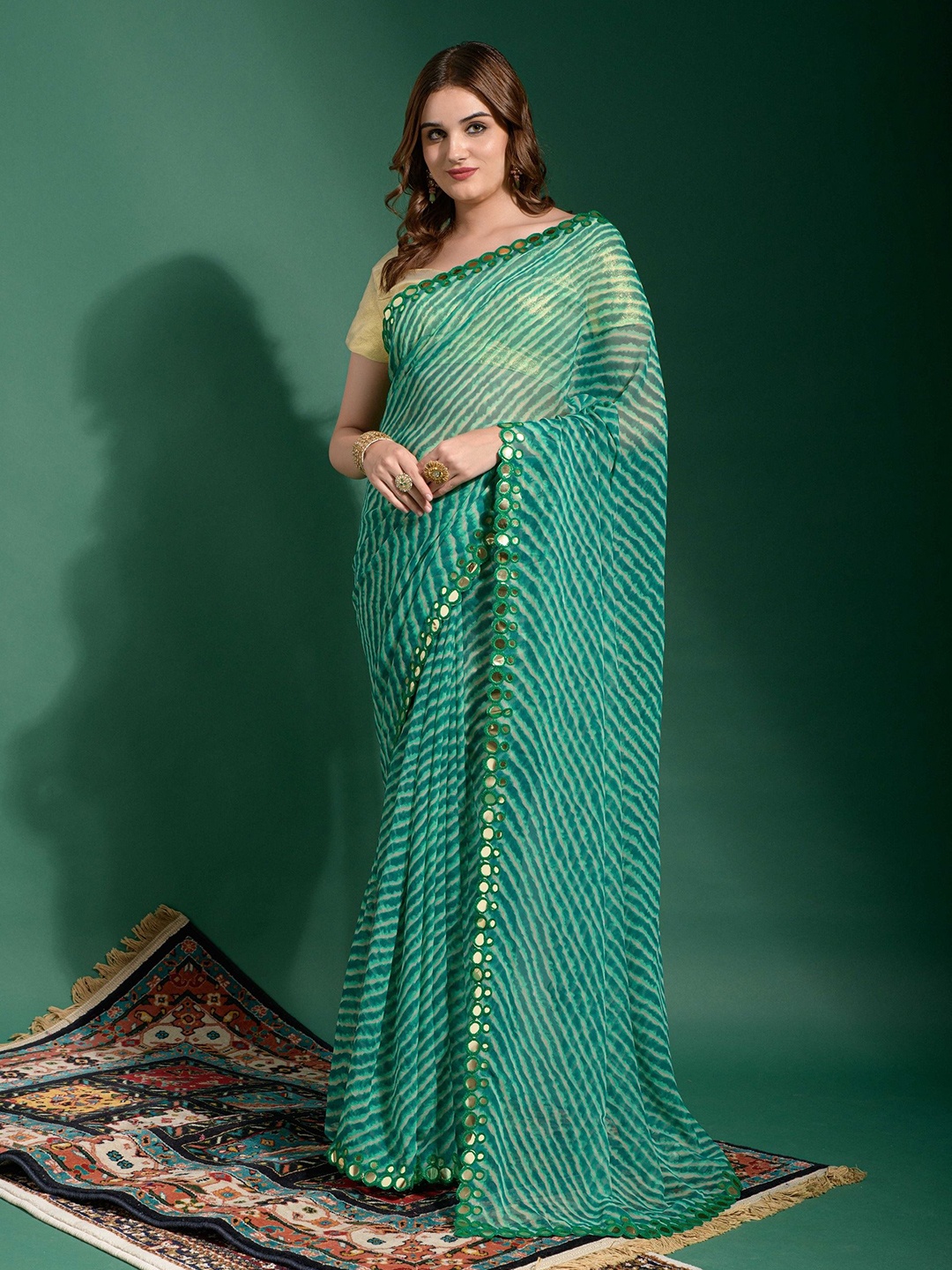 

Manu Designer Leheriya Mirror Work Pure Chiffon Saree, Green