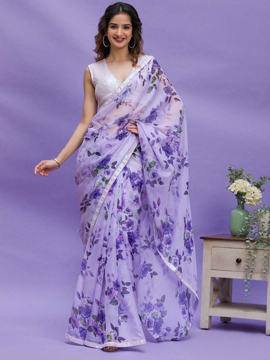 

Manu Designer Floral Embroidered Pure Chiffon Saree, Violet