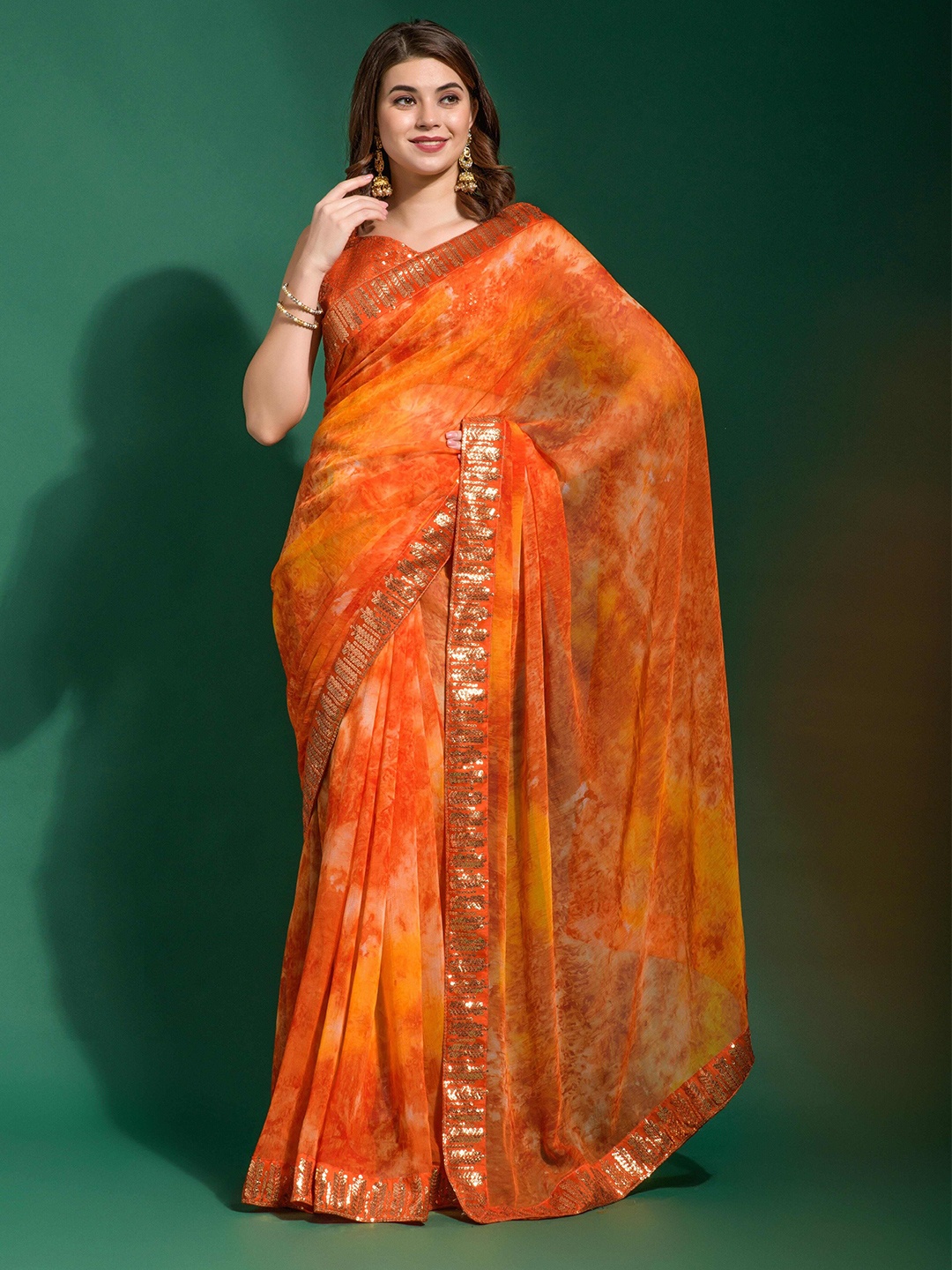 

Manu Designer Tie and Dye Sequinned Pure Chiffon Saree, Orange