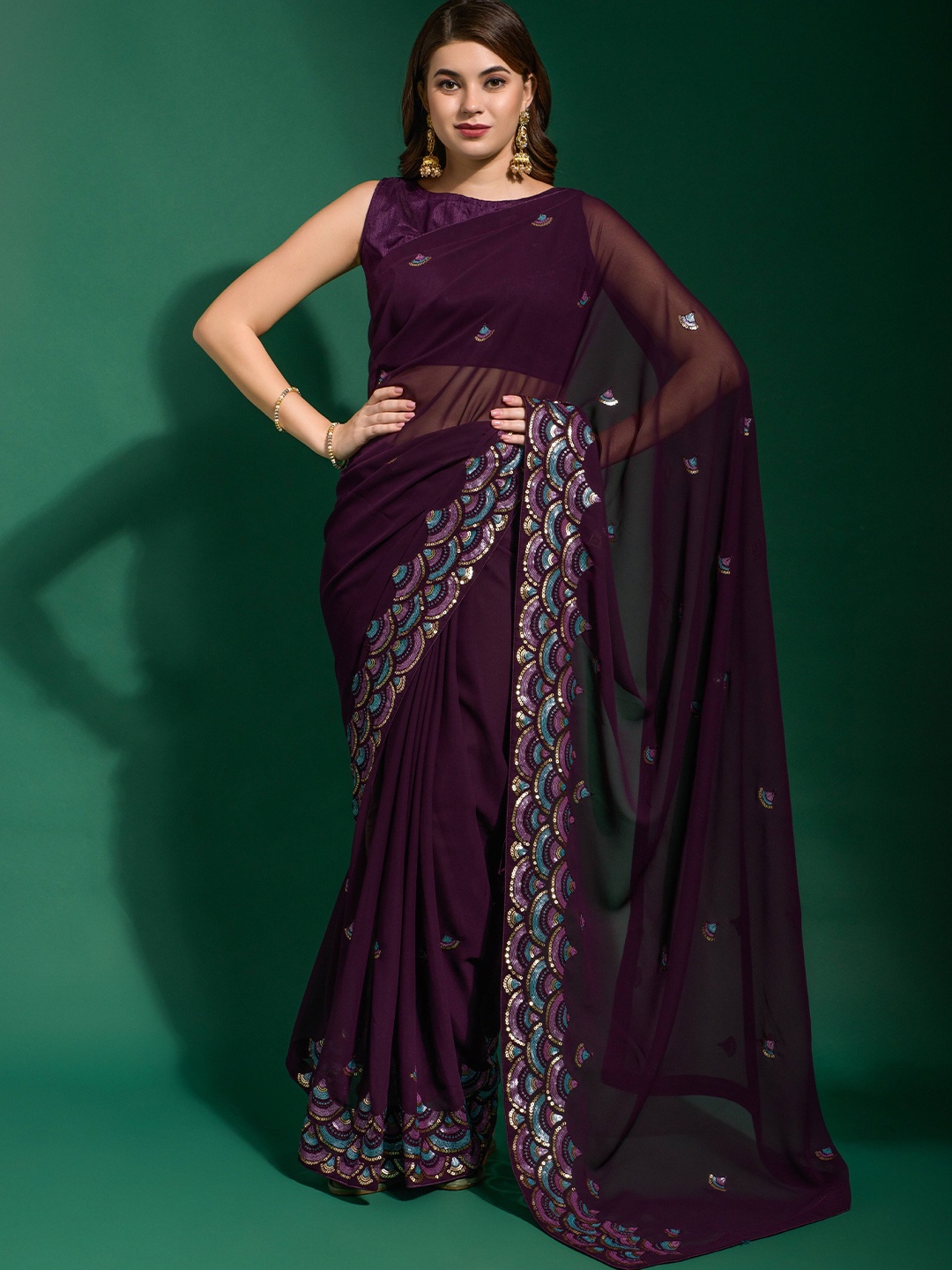 

Manu Designer Embellished Sequinned Pure Georgette Saree, Purple