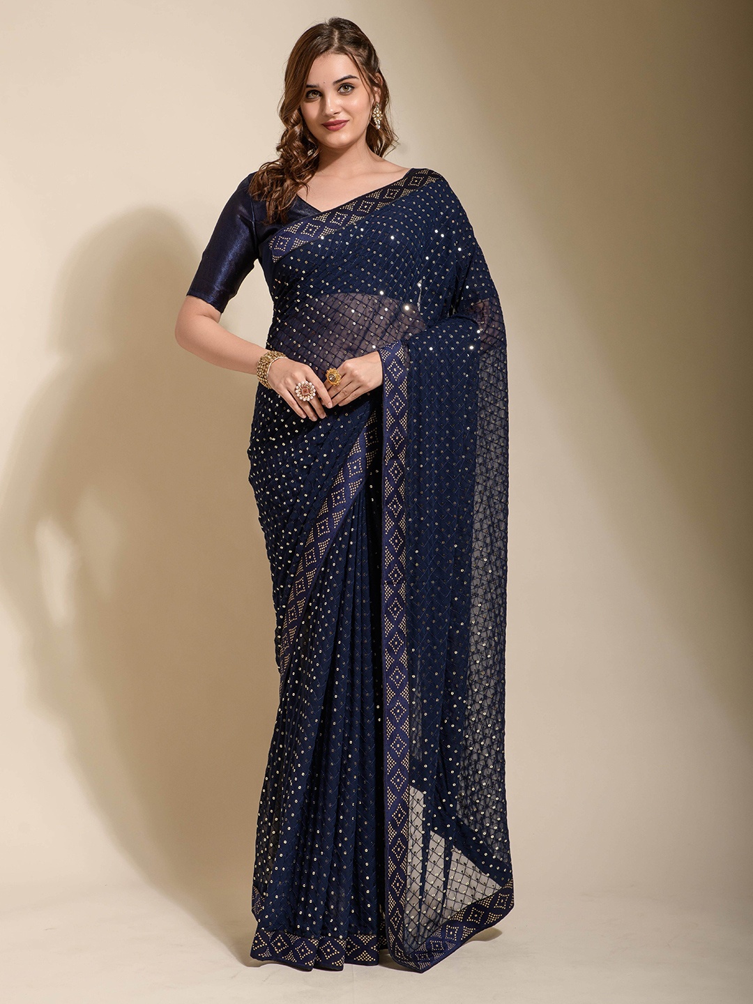 

Manu Designer Embellished Sequinned Pure Georgette Saree, Blue